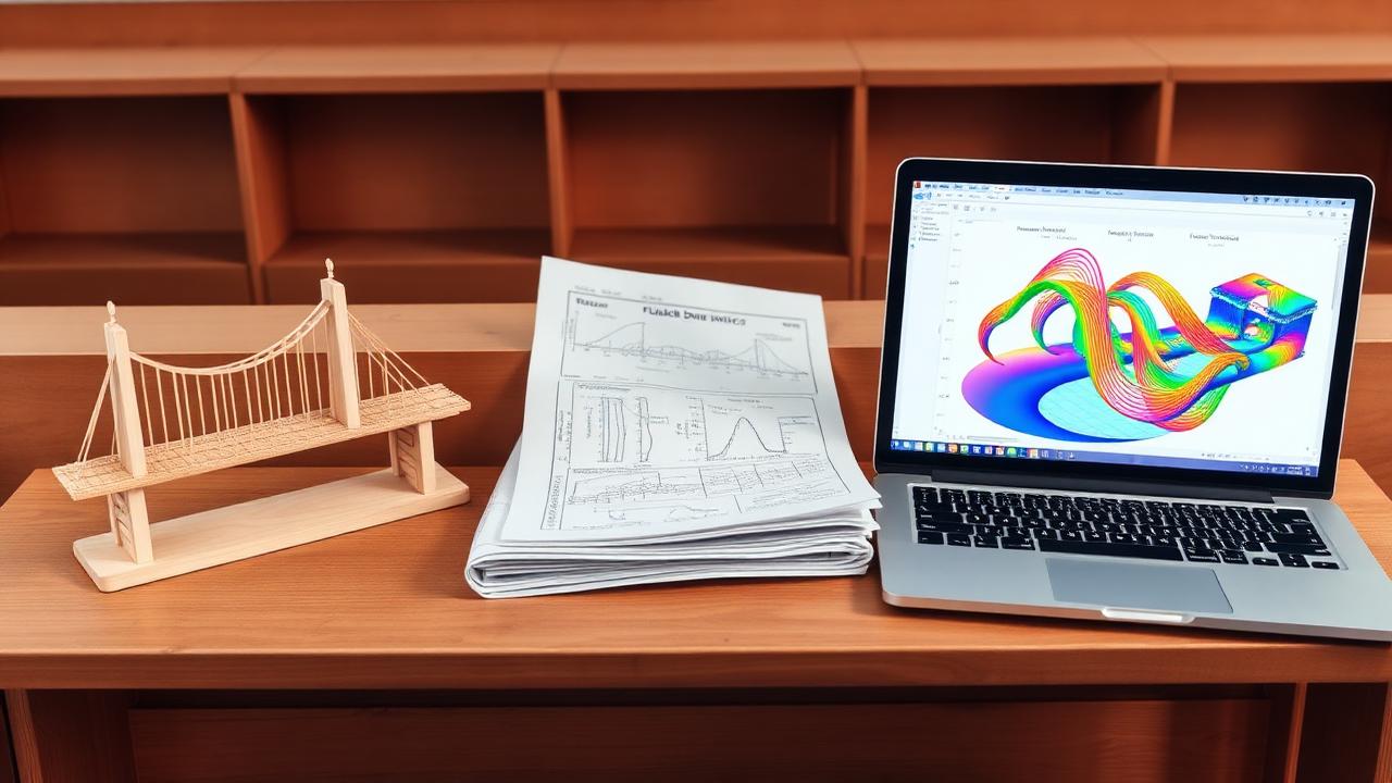 A wooden scale model of a bridge, paper graphs and equations, and a laptop showing a 3D simulation side by side on a desk.