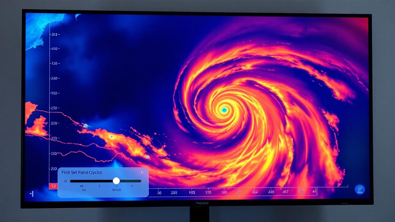 Computer screen displaying a swirling tropical cyclone simulation over the Pacific with data overlays.