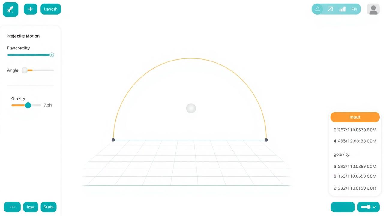 A projectile motion simulation showing a parabolic trajectory with sliders for angle, velocity and gravity.
